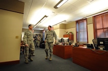 U.S. Air Force Maj. Gen. John N.T. Shanahan, 25th Air Force commander, receives a guided tour of the newly renovated Building 49 by U.S. Air Force Col. Charles Kuhl, 55th Mission Support Group commander, Offutt Air Force Base, Neb. on Jan. 27. The renovated facility is home to the 55th MSG as well as the 55th Force Support Squadron. (U.S. Air Force photo by Josh Plueger/Released)