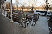 U.S. Air Force Maj. Gen. John N.T. Shanahan, 25th Air Force commander, receives a guided tour of the newly renovated Building 49 by U.S. Air Force Col. Charles Kuhl, 55th Mission Support Group commander, Offutt Air Force Base, Neb. on Jan. 27. Plans for the renovation were started by Shanahan when he served as the 55th Wing commander from April 2009 to March 2011.  (U.S. Air Force photo by Josh Plueger/Released)