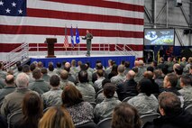 U.S. Air Force Maj. Gen. John N.T. "Jack" Shanahan, 25th Air Force commander, speaks to members of the Fightin’ Fifty-Fifth during an all-call at the Bennie Davis Maintenance Facility Jan. 29, Offutt Air Force Base, Neb.  The 25th Air Force includes not only the 55th Wing, but also the 70th and 480th ISR Wings; the 9th Reconnaissance Wing; the Air Force Technical Applications Center; and the 361st ISR Group. (U.S. Air Force photo by Jeff W. Gates/Released)