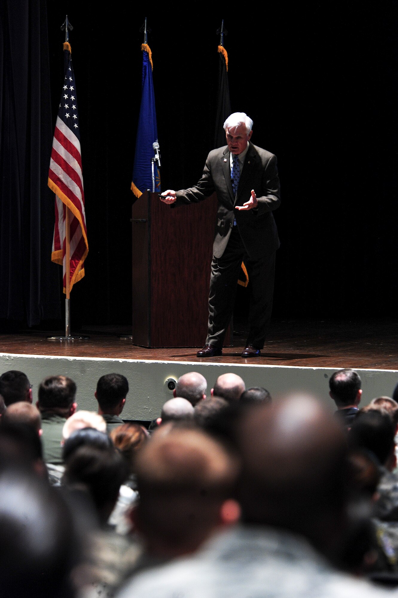 Retired Lt. Col. Barry Bridger, a Vietnam veteran, prisoner of war, and former member of Seymour Johnson Air Force Base, North Carolina, shares his account of perseverance while being imprisoned during the Vietnam War during the 4th Fighter Wing’s Leadership Lecture Series, Feb. 4, 2014, at Seymour Johnson AFB. Bridger served 22 years in the Air Force and spent more than six years in captivity at the infamous Hanoi Hilton prison camp in North Vietnam where he was beaten, starved and tortured. (U.S. Air Force photo/Airman 1st Class Brittain Crolley)