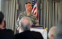 Air Combat Command Chief Master Sgt. Steve K. McDonald speaks to a local chapter of the Air Force Association 22 January, 2015 on Langley AFB, Va. The topics mentioned cover a wide variety of major issues affecting the current state of the Air Force. The topics include Force Management, the future of certain aircraft, retention and recruitment, and the military retirement system. (U.S. Air Force photo by Staff Sgt. Steve Stanley/Released)