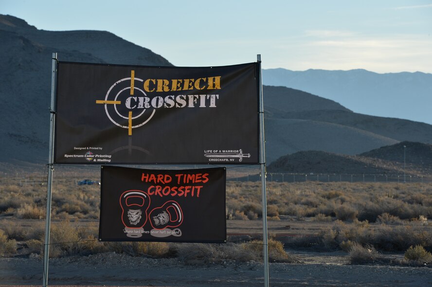 The CrossFit challenge is one of several events held Feb. 3, 2015, for the closing of the 99th Ground Combat Training Squadron at Creech Air Force Base, Nevada.  With a total of eight competitors, six where males and two where females. The competitors participated in two workouts, the “Clean Ladder” and “Fight Gone Bad.” (U.S. Air Force photo by Senior Airman Adarius Petty/Released)
