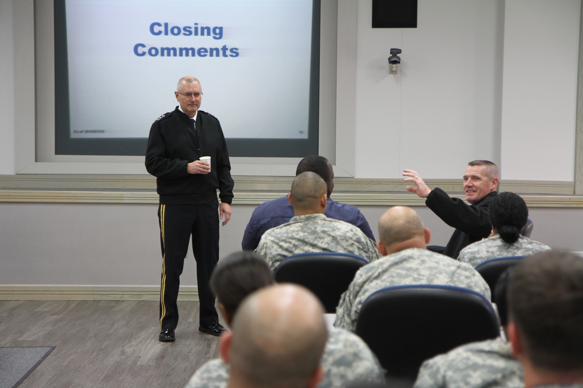 Command Sgt. Maj. Sam Young, command sergeant major for First Army, answers a question concerning future missions for the 188th Infantry Brigade during a town hall. The First Army command team visited many of the brigades within its footprint to speak about Operation Bold Shift. (U.S. Army photo by Sgt. 1st Class Stephanie Widemon/Released)