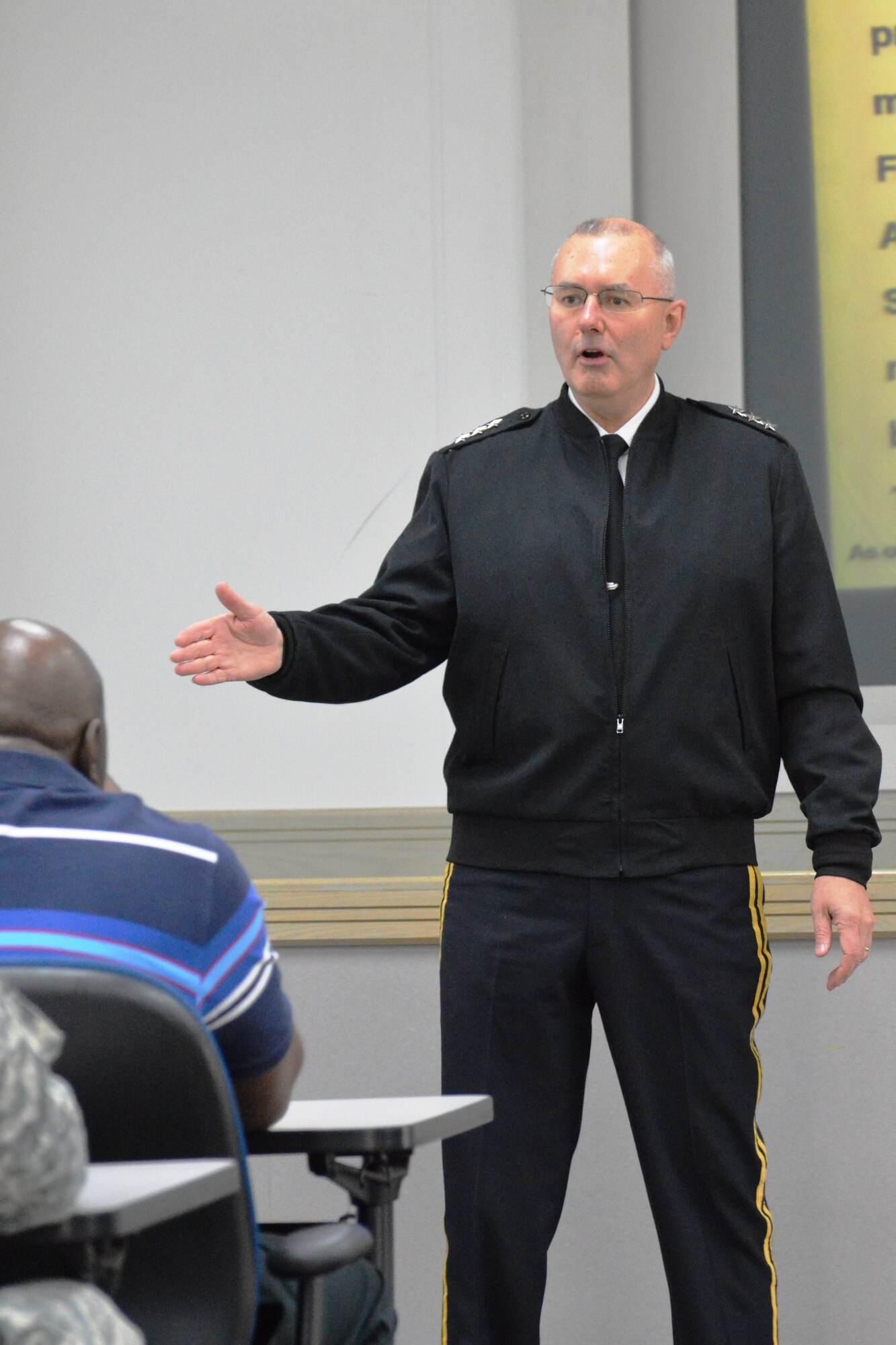 Lt. Gen. Michael Tucker, commanding general for First Army, addresses both civilians and Soldiers during a town hall with 188th Infantry Brigade at Fort Stewart, Ga. The civilian staff, currently at nine, will increase to fifteen as a part of Operation Bold Shift. (U.S. Army photo by Sgt. 1st Class Stephanie Widemon/Released)