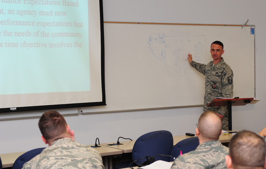 U.S. Air Force Master Sgt. Michael Champion, 312th Training Squadron Fire Officer Course noncommissioned officer in charge, goes over response planning and procedures during the Fire Officer III training course at Fort Eustis, Va., Feb. 6, 2015. Champion is a member of the mobile fire officer training team, which travels throughout the year to various bases within each U.S. Air Force command. (U.S. Air Force photo by Staff Sgt. Natasha Stannard/Released)