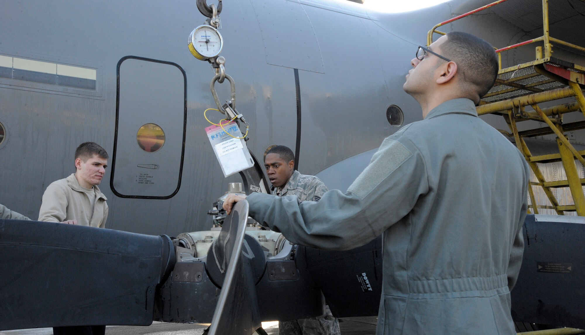Airmen from the 86th Maintenance Group prepare to replace a propeller of a C-130J Super Hercules assigned to the 37th Airlift Squadron during the Stolen Cerberus II flying training deployment in Elefsis, Greece, Feb. 3, 2015. The FTD is designed to gauge both aircraft and personnel capabilities as well as improve the interoperability of the Airmen and their Greek counterparts. (U.S. Air Force photo/Senior Airman Nicholas Crisp)