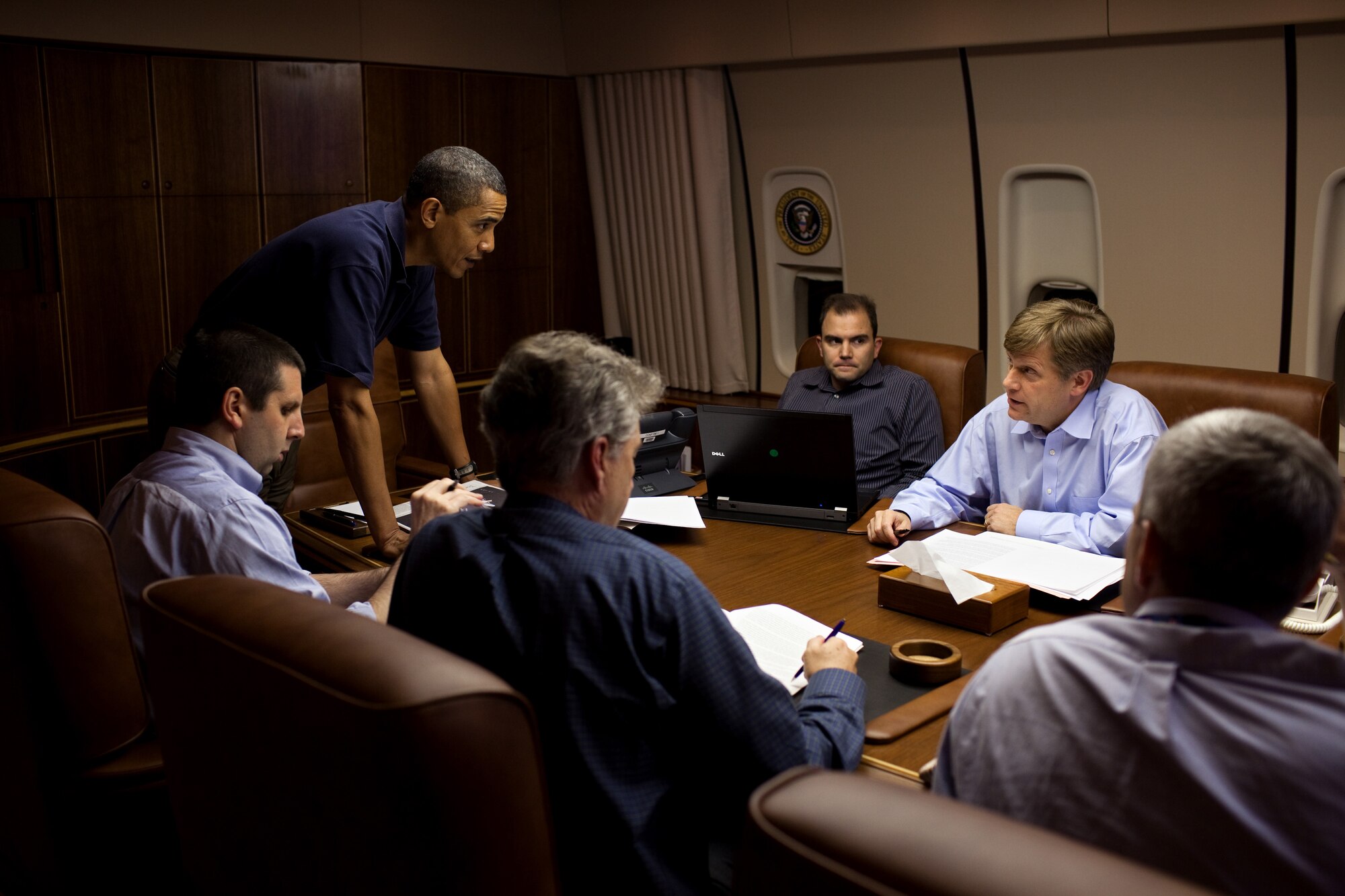 Michael McFaul (second from right) and other advisers brief President Barack Obama during a flight to Moscow on Air Force One July 5, 2009. McFaul, then the National Security Council's senior director for Russian Affairs, was the U.S. ambassador to Russia from December 2011 until February 2014 and is now director of Stanford's Freeman Spogli Institute for International Studies. McFaul spoke on U.S.-Russian relations at the Air Force Academy Assembly Feb. 3, 2015. (White House photo/Pete Souza)