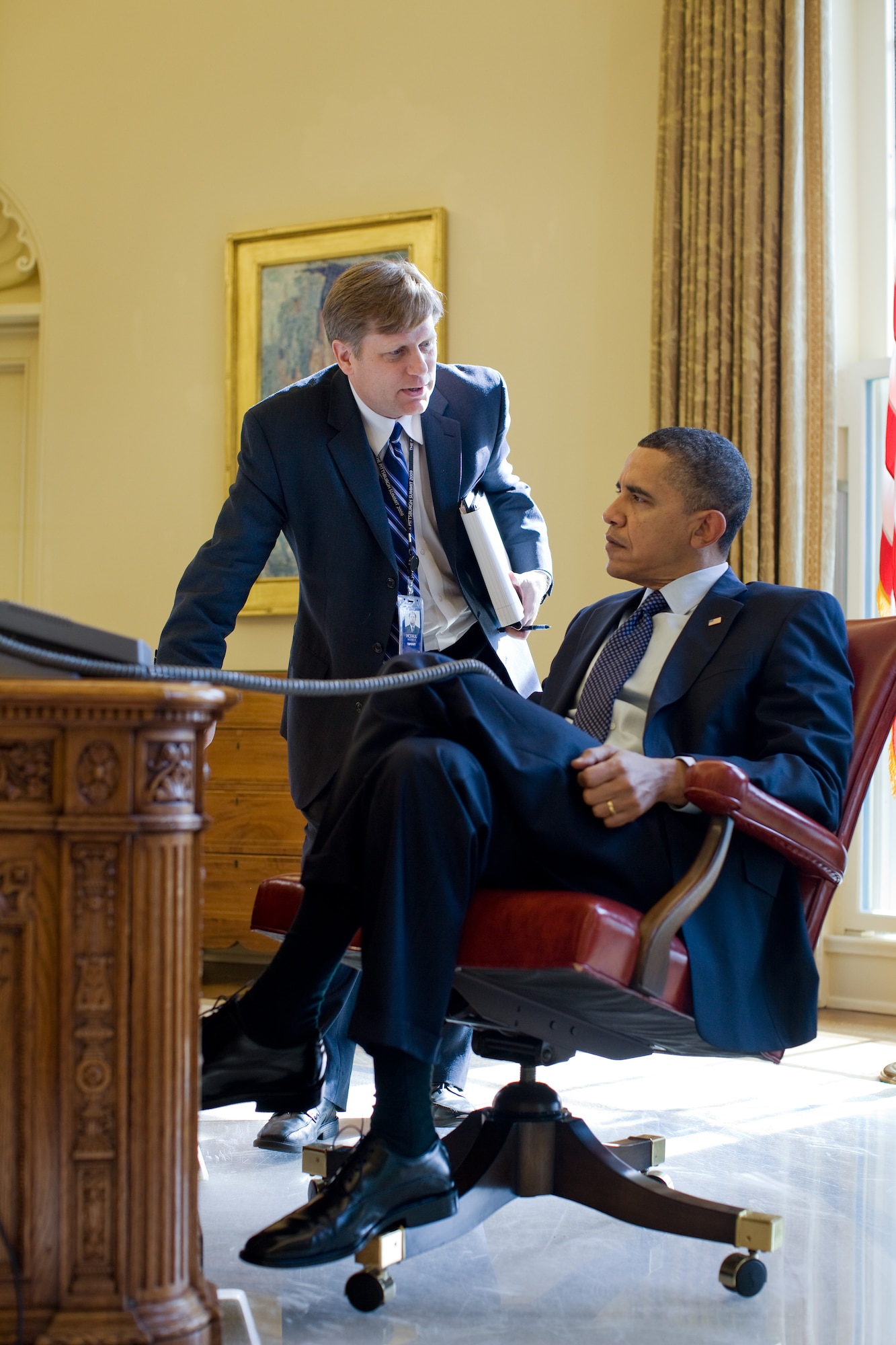 Michael McFaul briefs President Barack Obama in the Oval Office Feb. 24, 2010. McFaul, then the National Security Council's senior director for Russian Affairs, was the U.S. ambassador to Russia from December 2011 until February 2014 and is now director of Stanford's Freeman Spogli Institute for International Studies. McFaul spoke on U.S.-Russian relations at the Air Force Academy Assembly Feb. 3, 2015. (White House photo/Pete Souza)
