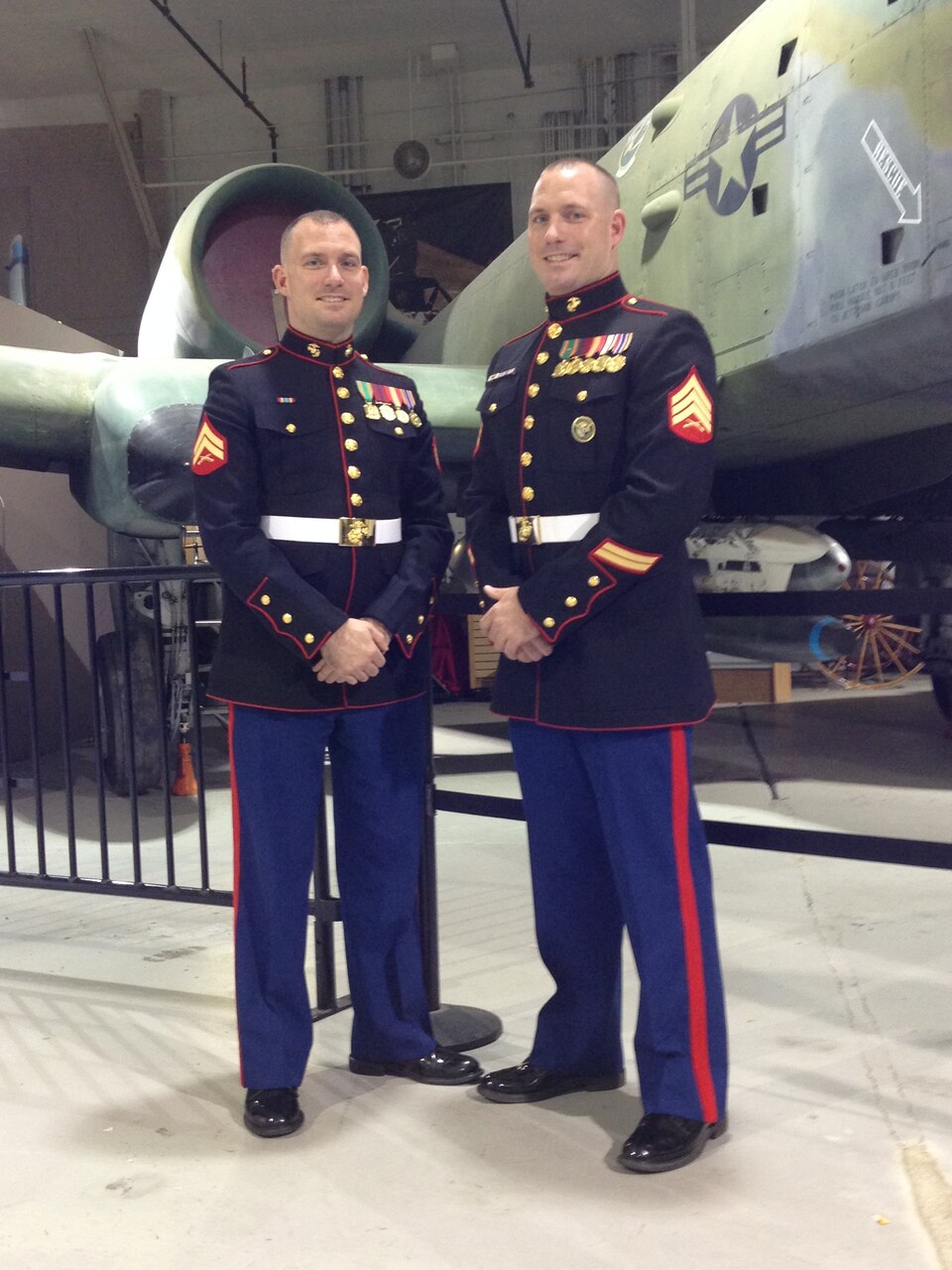 Marine Corps Cpl. James Ritcheson, left, and his twin brother, Marine Corps Sgt. Joseph Ritcheson, pose for a picture during 1st Marine Corps District’s 239th Marine Corps Birthday Celebration at the Cradle of Aviation Museum in Garden City, N.Y., Nov. 9, 2014. U.S. Marine Corps photo by Staff Sgt. Ken Melton