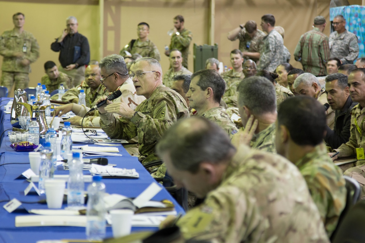 U.S. Army Lt. Gen. James L. Terry, commanding general of Combined Joint Task Force Operation Inherent Resolve, speaks to coalition military leaders during a conference at Camp Arifjan, Kuwait, Feb. 3, 2015. Military leaders from more than 20 nations met to discuss the coalition’s effort against the Islamic State of Iraq and the Levant. Combined Joint Task Force Operation Inherent Resolve photo