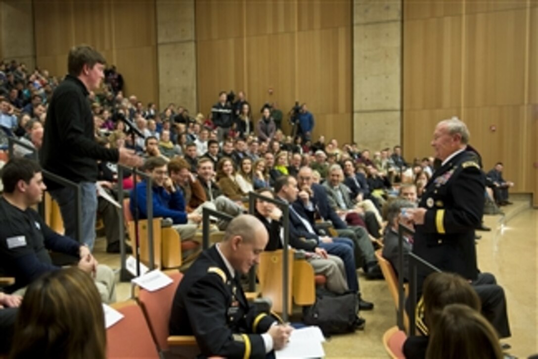 A student asks a question of Army Gen. Martin E. Dempsey, chairman of the Joint Chiefs of Staff, during a discussion with students and faculty from the University of North Carolina during a visit to Chapel Hill, N.C., Feb. 7, 2015. 