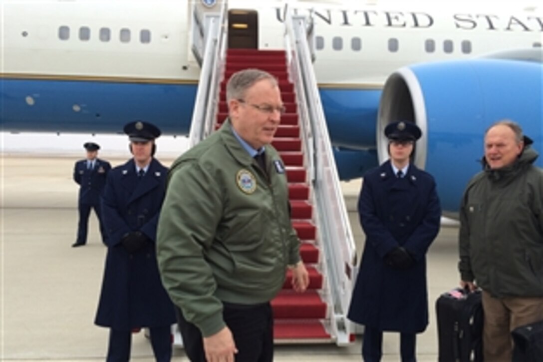 Deputy Defense Secretary Bob Work departs Joint Base Andrews, Md., Feb. 9, 2015, for San Diego, where he will speak at the U.S. Naval Institute's 2015 Western Conference and Exposition. Work is on a multi-day trip to discuss budget priorities, meet with nuclear enterprise troops and tour the U.S. Navy’s newest mobile landing platform.