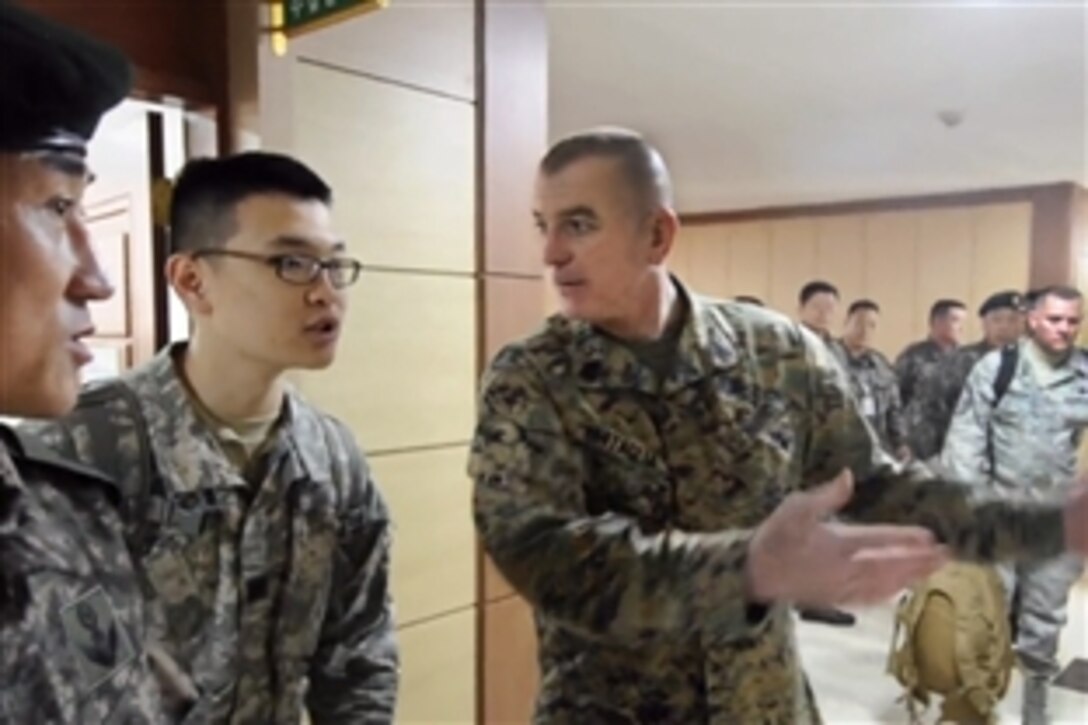 U.S. Marine Corps Sgt. Maj. Bryan B. Battaglia, senior enlisted advisor to the chairman of the Joint Chiefs of Staff, recently visited South Korea to meet with U.S. and South Korean forces to assess readiness and efforts to build alliances. The U.S. forces defend the border between South Korea and North Korea.