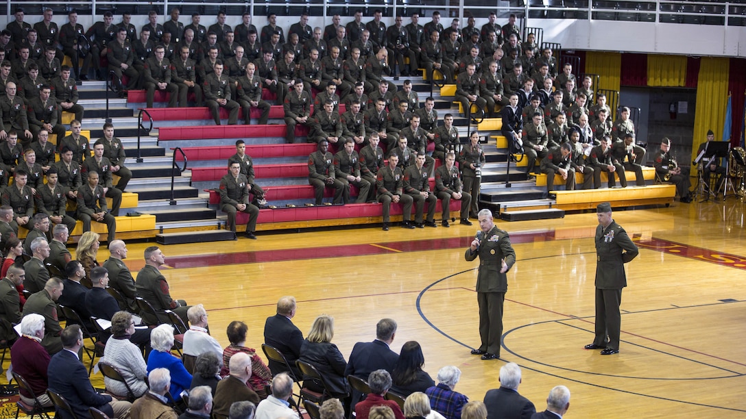 Maj. Gen. Brian Beaudreault, the commanding general of 2nd Marine Division, thanks the Second Marine Division Association for being present to celebrate the unit’s birthday with the Marines of the division aboard Camp Lejeune, North Carolina. Beaudreault talked about what it meant to be in the unit, and how he was honored to be a part of the unit as they celebrate their past and future together. (U.S. Marine Corps photo by Pfc. Dalton Precht/Released)