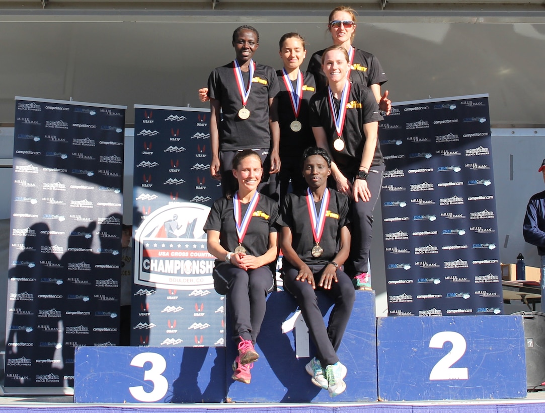 Army women take gold in the 2015 Armed Forces Cross Country Championship held conducted in conjunction with the USA Track and Field Winter National Cross Country Championship in Boulder, Colo. on Feb. 7.

Army team members:  Spc. Caroline Jepleting, Landstuhl, Germany; Pfc. Susan Tanui, Fort Riley, Kan.; 1st Lt. Clelsea Prahl, Joint Base Lewis-McChord, Wash.; Maj. Emily Potter, Fort Bragg, N.C.; Capt. Meghan Curran, Joint Base McGuire-Dix-Lakehurst, N.J.; Capt. Ashley Hall, Fort Benning, Ga.

