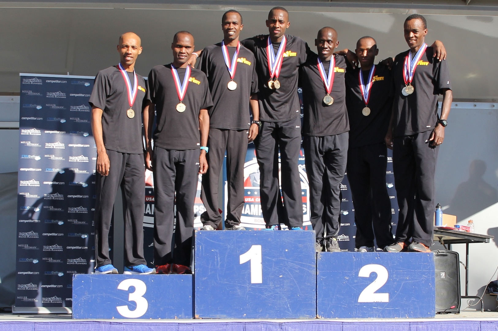 Army Men sweep the top six places, an Armed Forces Sports record during the 2015 Armed Forces Cross Country Championship held conducted in conjunction with the USA Track and Field Winter National Cross Country Championship in Boulder, Colo. on Feb. 7.

Army team members: Pfc. Stanley Kebenei; Spc. Augustus Maiyo, Fort Carson, Colo.; Spc. Emmanual Bor, Ft Bliss, Texas; Spc. Aron Rono, Fort Carson, Colo.; Spc. Samuel Kosgei, Fort Riley, Kan.; Spc. Laban Sialo, Fort Carson, Colo.