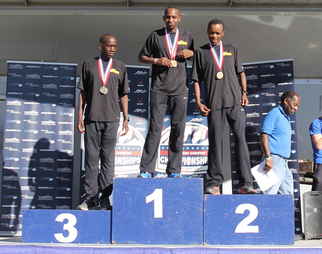 Army men sweep the Armed Forces podium to launch Army to their team gold. From left to right: Spc. Emmanuel Bor, Fort Bliss, Texas; Pfc. Stanley Kebenei, USAR Ark.; and Spc. Augustus Maiyo, Fort Carson, Colo. 

The 2015 Armed Forces Cross Country Championship was held conducted in conjunction with the USA Track and Field Winter National Cross Country Championship in Boulder, Colo. on Feb. 7.
