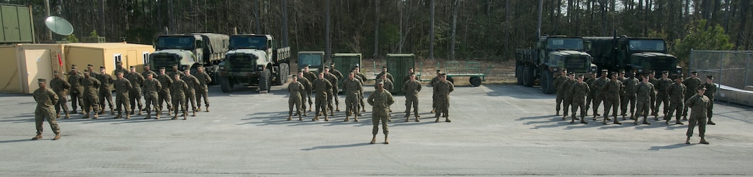 Marines with Marine Air Ground Task Force Materiel Distribution Company stand in formation during the company’s activation ceremony, Feb. 9, 2015, aboard Camp Lejeune, North Carolina. The company has been created within 2nd Supply Battalion, Combat Logistics Regiment 25, 2nd Marine Logistics Group, to establish a proof of principle on the reorganization of intermediate supply and distribution capabilities in order to provide tailored capabilities to units deploying in support of II Marine Expeditionary Force. This new company will be comprised of some preexisting platoons from Supply Company, as well as a motor transportation capability from the Headquarters and Support Company and an additional 30 Marines to form Distribution Liaison Cells. (U.S. Marine Corps photo by Cpl. Elizabeth A. Case/Released)