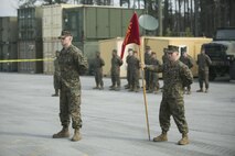 Capt. Keaton J. Thomas, Commanding Officer of Marine Air Ground Task Force Materiel Distribution Company, and his Marines stand in formation during the company’s activation ceremony, Feb. 9, 2015, aboard Camp Lejeune, North Carolina. The company has been created within 2nd Supply Battalion, Combat Logistics Regiment 25, 2nd Marine Logistics Group, to establish a proof of principle on the reorganization of intermediate supply and distribution capabilities in order to provide tailored capabilities to units deploying in support of II Marine Expeditionary Force. This new company will be comprised of some preexisting platoons from Supply Company, as well as a motor transportation capability from the Headquarters and Support Company and an additional 30 Marines to form Distribution Liaison Cells. (U.S. Marine Corps photo by Cpl. Elizabeth A. Case/Released)