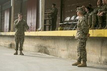 Capt. Keaton J. Thomas, left, Commanding Officer of Marine Air Ground Task Force Materiel Distribution Company addresses his new command during the company’s activation ceremony, Feb. 9, 2015, aboard Camp Lejeune, North Carolina. The company has been created within 2nd Supply Battalion, Combat Logistics Regiment 25, 2nd Marine Logistics Group, to establish a proof of principle on the reorganization of intermediate supply and distribution capabilities in order to provide tailored capabilities to units deploying in support of II Marine Expeditionary Force. The mission of the MAGTF Materiel Distribution Company is to provide general shipping and receiving services, consolidated distribution services and to maintain asset visibility to enhance throughput velocity and sustain operational tempo. (U.S. Marine Corps photo by Cpl. Elizabeth A. Case/Released)