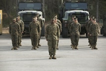 Marines with Marine Air Ground Task Force Materiel Distribution Company stand in formation during the company’s activation ceremony, Feb. 9, 2015, aboard Camp Lejeune, North Carolina. The company has been created within 2nd Supply Battalion, Combat Logistics Regiment 25, 2nd Marine Logistics Group, to establish a proof of principle on the reorganization of intermediate supply and distribution capabilities in order to provide tailored capabilities to units deploying in support of II Marine Expeditionary Force. This new company will be comprised of some preexisting platoons from Supply Company, as well as a motor transportation capability from the Headquarters and Support Company and an additional 30 Marines to form Distribution Liaison Cells. (U.S. Marine Corps photo by Cpl. Elizabeth A. Case/Released)