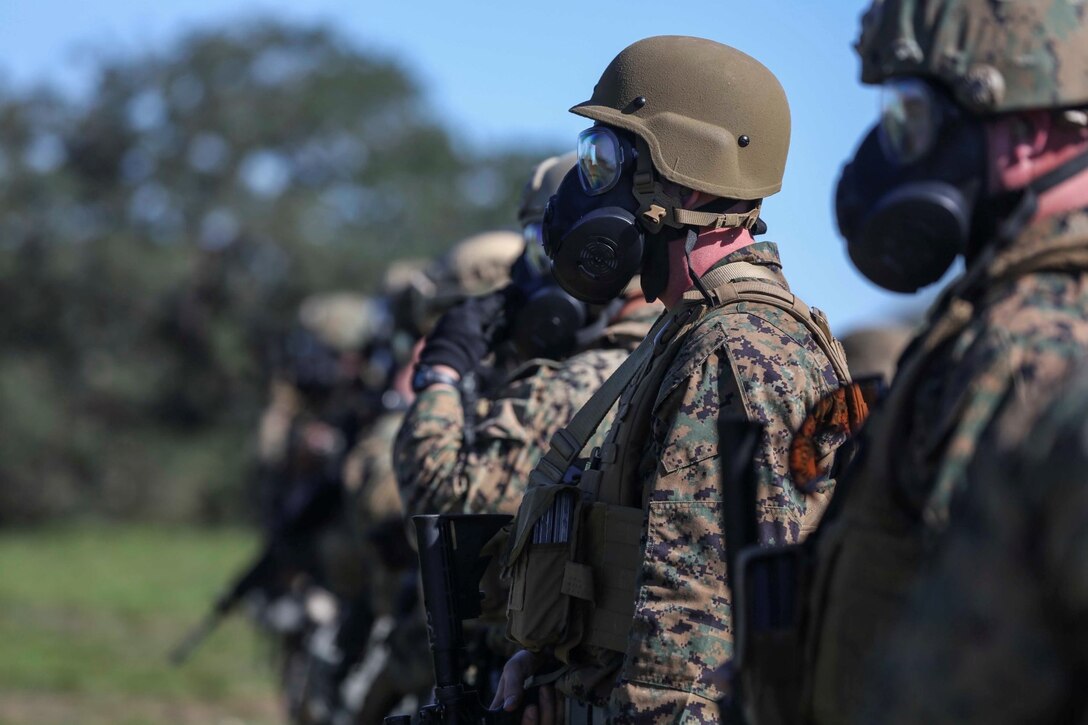 U.S. Marines with Combat Logistics Battalion 15, 15th Marine Expeditionary Unit, prepare to engage targets during combat marksmanship training while wearing gas masks aboard Camp Pendleton, Calif., Feb. 9, 2015. The Marine Corps Combat Marksmanship Program is designed to keep Marines in a combat mindset. As the logistics combat element for the 15th MEU, CLB-15 is training to ensure readiness for any situation they may encounter during their upcoming deployment this spring. (U.S. Marine Corps photo by Cpl. Anna Albrecht/Released)