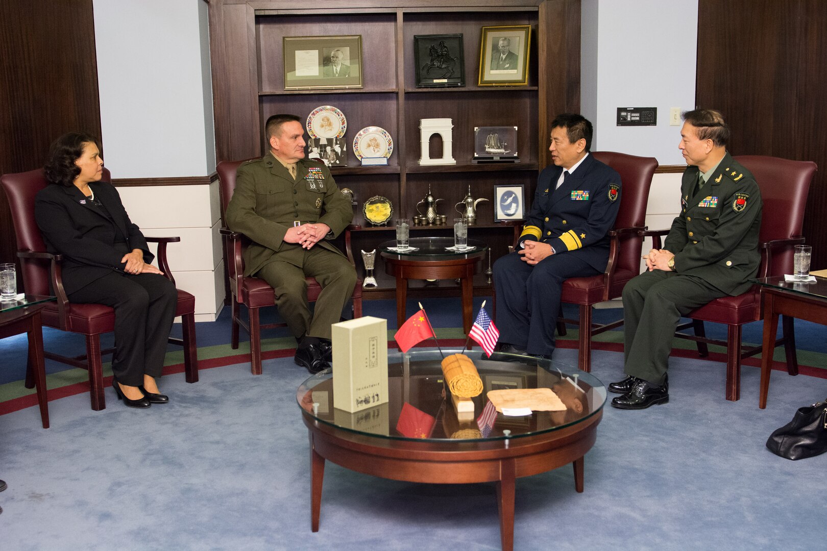 From left: NDU Senior Vice President Ambassador Wanda Nesbitt, NDU President Major General Frederick Padilla, Rear Admiral Li Ji, Deputy Director, Ministry of National Defense Foreign Affairs Office of the People's Republic of China, and an unidentified Chinese officer. 