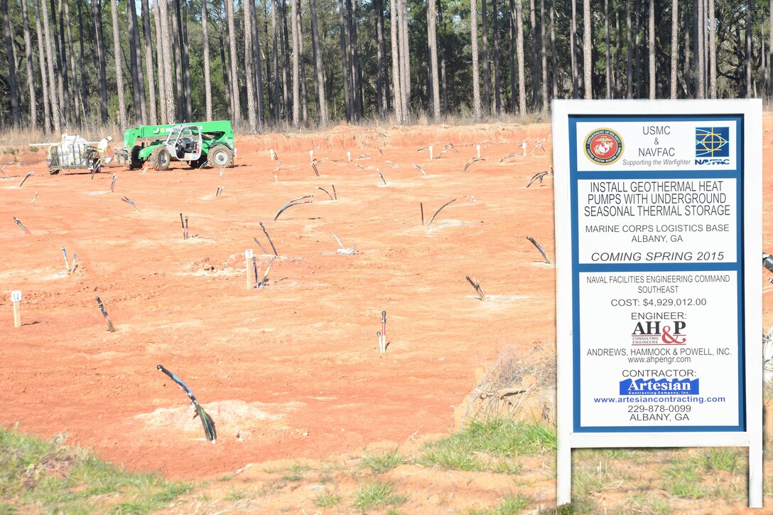Construction is currently underway at Marine Corps Logistics Base Albany to install a geothermal heat pump with underground seasonal thermal storage capability. The project is one of several in progress around the installation, which is being implemented to assist MCLB Albany in its pursuit of Net Zero by the 2020 target date.