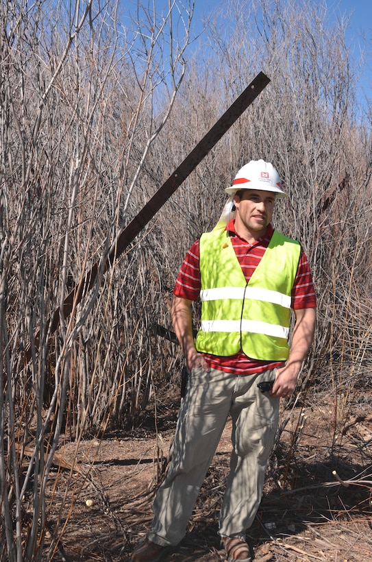 ALBUQUERQUE, N.M., -- Jacob Chavez, project engineer, explains the process of removing jetty jacks along the Rio Grande as part of the District's Oxbow Restoration Project, Feb. 10, 2015.