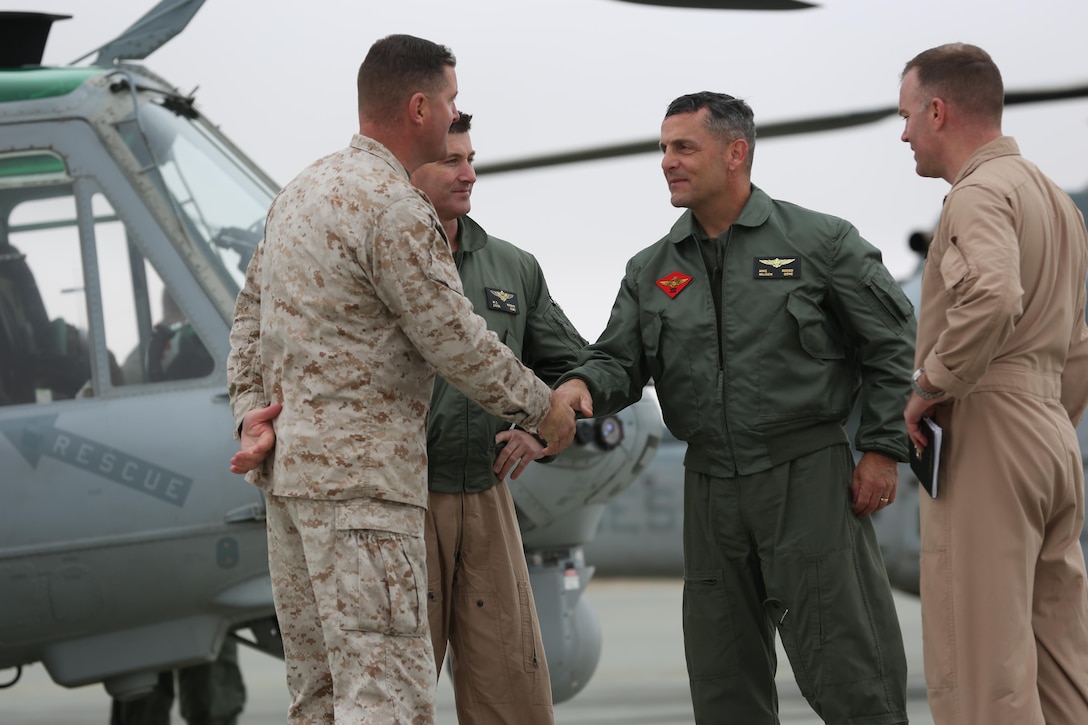 Maj. Gen. Michael A. Rocco, 3rd Marine Aircraft Wing commanding general, flew into the Strategic Expeditionary Landing Field aboard Marine Corps Air Ground Combat Center, Twentynine Palms, Calif., via UH-1Y Huey helicopter, Jan. 27, 2015. Rocco visited the Marines of Marine Light Attack Helicopter Squadron 169 before heading to Marine Corps Air Station Yuma, Ariz. (Official Marine Corps photo by Lance Cpl. Medina Ayala-Lo/Released)