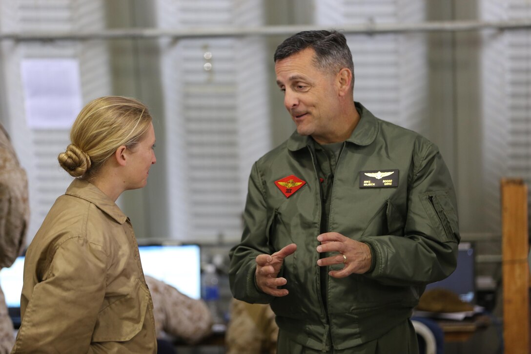 Maj. Gen. Michael A. Rocco, 3rd Marine Aircraft Wing commanding general, flew into the Strategic Expeditionary Landing Field aboard Marine Corps Air Ground Combat Center, Twentynine Palms, Calif., via UH-1Y Huey helicopter, Jan. 27, 2015. Rocco visited the Marines of Marine Light Attack Helicopter Squadron 169 before heading to Marine Corps Air Station Yuma, Ariz. (Official Marine Corps photo by Lance Cpl. Medina Ayala-Lo/Released)
