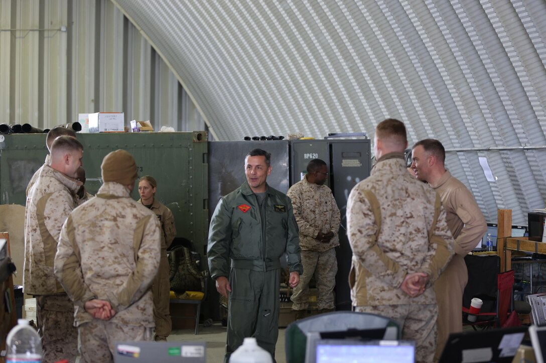 Maj. Gen. Michael A. Rocco, 3rd Marine Aircraft Wing commanding general, flew into the Strategic Expeditionary Landing Field aboard Marine Corps Air Ground Combat Center, Twentynine Palms, Calif., via UH-1Y Huey helicopter, Jan. 27, 2015. Rocco visited the Marines of Marine Light Attack Helicopter Squadron 169 before heading to Marine Corps Air Station Yuma, Ariz. (Official Marine Corps photo by Lance Cpl. Medina Ayala-Lo/Released)