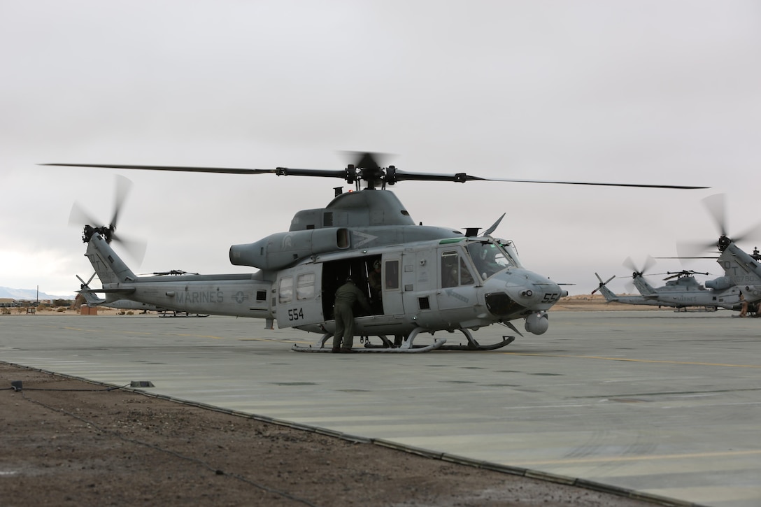 Maj. Gen. Michael A. Rocco, 3rd Marine Aircraft Wing commanding general, flies into the Strategic Expeditionary Landing Field aboard Marine Corps Air Ground Combat Center, Twentynine Palms, Calif., via UH-1Y Huey helicopter, Jan. 27, 2015. Rocco visited the Marines of Marine Light Attack Helicopter Squadron 169 before heading to Marine Corps Air Station Yuma, Ariz. (Official Marine Corps photo by Lance Cpl. Medina Ayala-Lo/Released)