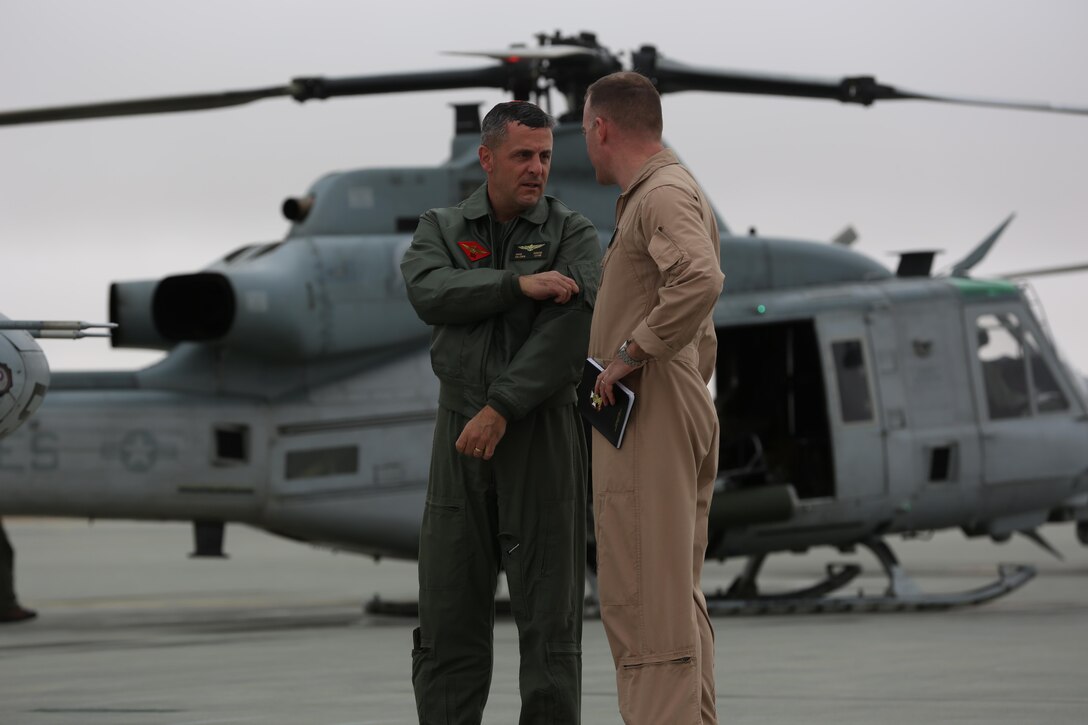 Maj. Gen. Michael A. Rocco, 3rd Marine Aircraft Wing commanding general, flew into the Strategic Expeditionary Landing Field aboard Marine Corps Air Ground Combat Center, Twentynine Palms, Calif., via UH-1Y Huey helicopter, Jan. 27, 2015. Rocco visited the Marines of Marine Light Attack Helicopter Squadron 169 before heading to Marine Corps Air Station Yuma, Ariz. (Official Marine Corps photo by Lance Cpl. Medina Ayala-Lo/Released)