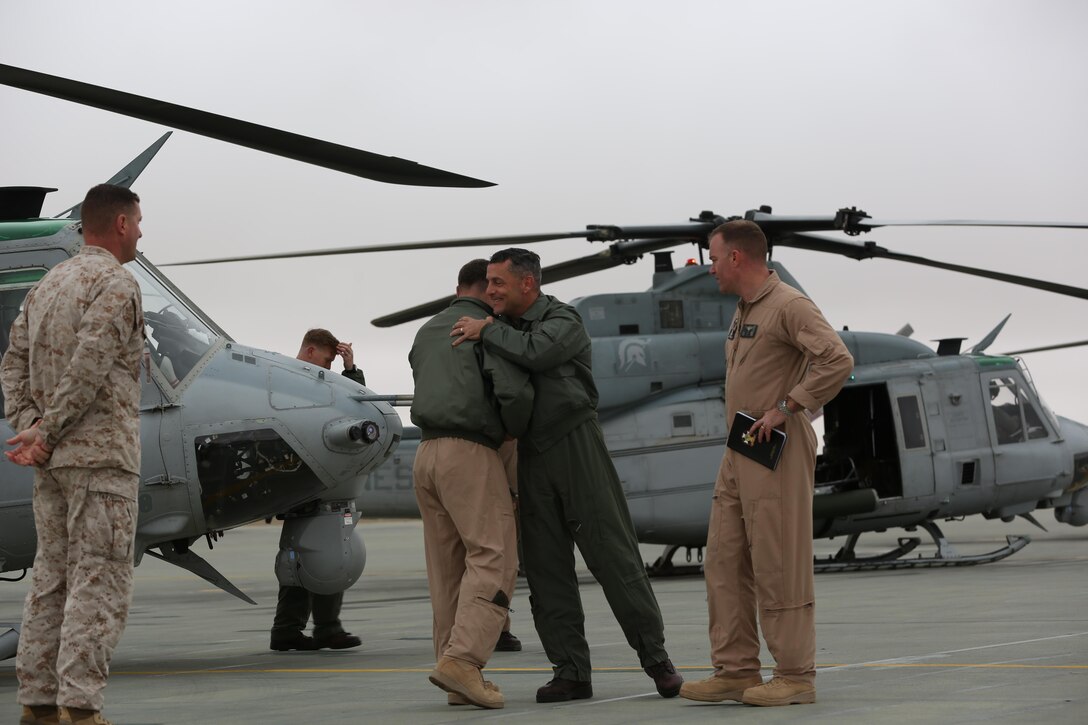 Maj. Gen. Michael A. Rocco, 3rd Marine Aircraft Wing commanding general, flew into the Strategic Expeditionary Landing Field aboard Marine Corps Air Ground Combat Center, Twentynine Palms, Calif., via UH-1Y Huey helicopter, Jan. 27, 2015. Rocco visited the Marines of Marine Light Attack Helicopter Squadron 169 before heading to Marine Corps Air Station Yuma, Ariz. (Official Marine Corps photo by Lance Cpl. Medina Ayala-Lo/Released)