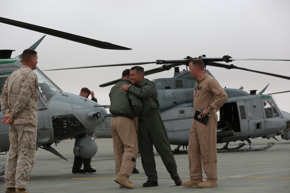 Maj. Gen. Michael A. Rocco, 3rd Marine Aircraft Wing commanding general, flew into the Strategic Expeditionary Landing Field aboard Marine Corps Air Ground Combat Center, Twentynine Palms, Calif., via UH-1Y Huey helicopter, Jan. 27, 2015. Rocco visited the Marines of Marine Light Attack Helicopter Squadron 169 before heading to Marine Corps Air Station Yuma, Ariz. (Official Marine Corps photo by Lance Cpl. Medina Ayala-Lo/Released)
