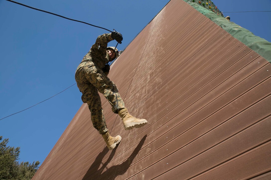 U.S. Marine Lance Cpl. Nathaniel Carranza, a San Bernardino, California, native, rappels down the tower during Korean Marine Exchange Program 15-17 Feb. 8 at the Minam-ri Mountain Warfare Training Facility, Pohang, Republic of Korea. Throughout the course of the training, the Marines were able to observe each other’s techniques and compare the similarities. KMEP is a regularly-scheduled, bilateral, small-unit training exercise, which enhances the combat readiness and interoperability of ROK and U.S. Marine Corps forces. Carranza is an assaultman with Company K, 3rd Battalion, 3rd Marine Regiment, currently assigned to 4th Marine Regiment, 3rd Marine Division, III Marine Expeditionary Force under the unit deployment program.
