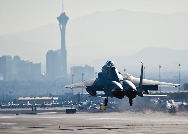 An F-15 Eagle assigned to the 493rd Fighter Squadron, Royal Air Force Lakenheath, England, lands on the runway during Red Flag 15-1 at Nellis Air Force Base, Nev., Feb. 5, 2015. Red Flag provides combat training in a degraded and operationally-limited environment, making the training missions as realistic as possible. (U.S. Air Force photo by Staff Sgt. Siuta B. Ika)