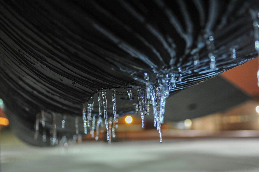 Icicles hang from a B-52H Stratofortress’ engine on Minot Air Force Base, N.D., Jan. 24, 2015. During the winter, temperatures on the flightline can range from negative 10 to negative 40 before factoring in the wind chill leading to potentially life threatening conditions for anyone who’s unprepared. (U.S. Air Force photo/Senior Airman Stephanie Morris)
