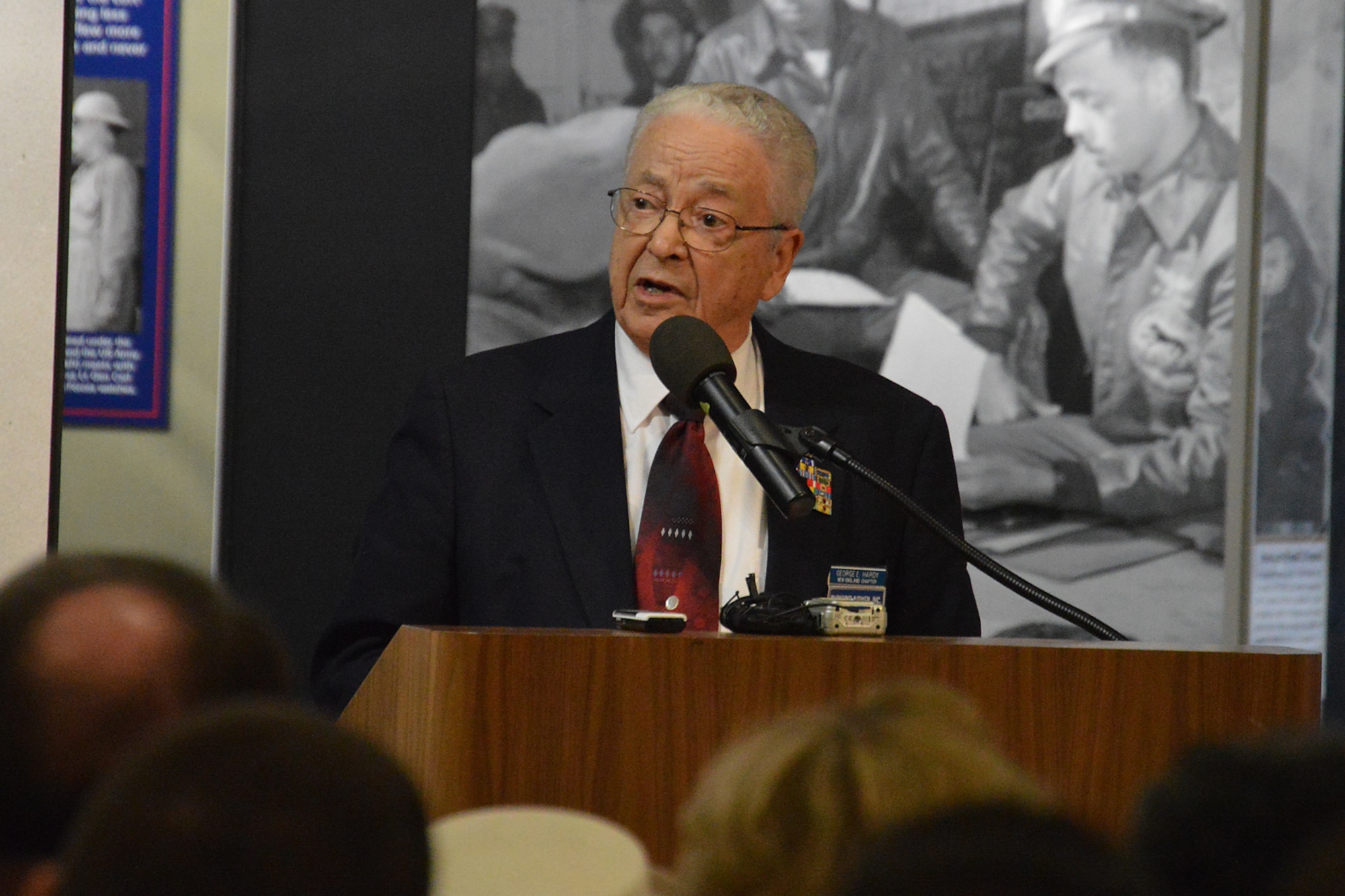 DAYTON, Ohio -- Tuskegee Airmen Lt. Col. (Ret) George Hardy speaks to the crowd at the expanded Tuskegee Airmen exhibit opening in the WWII Gallery at the National Museum of the U.S. Air Force on Feb. 10, 2015. (U.S. Air Force photo)


