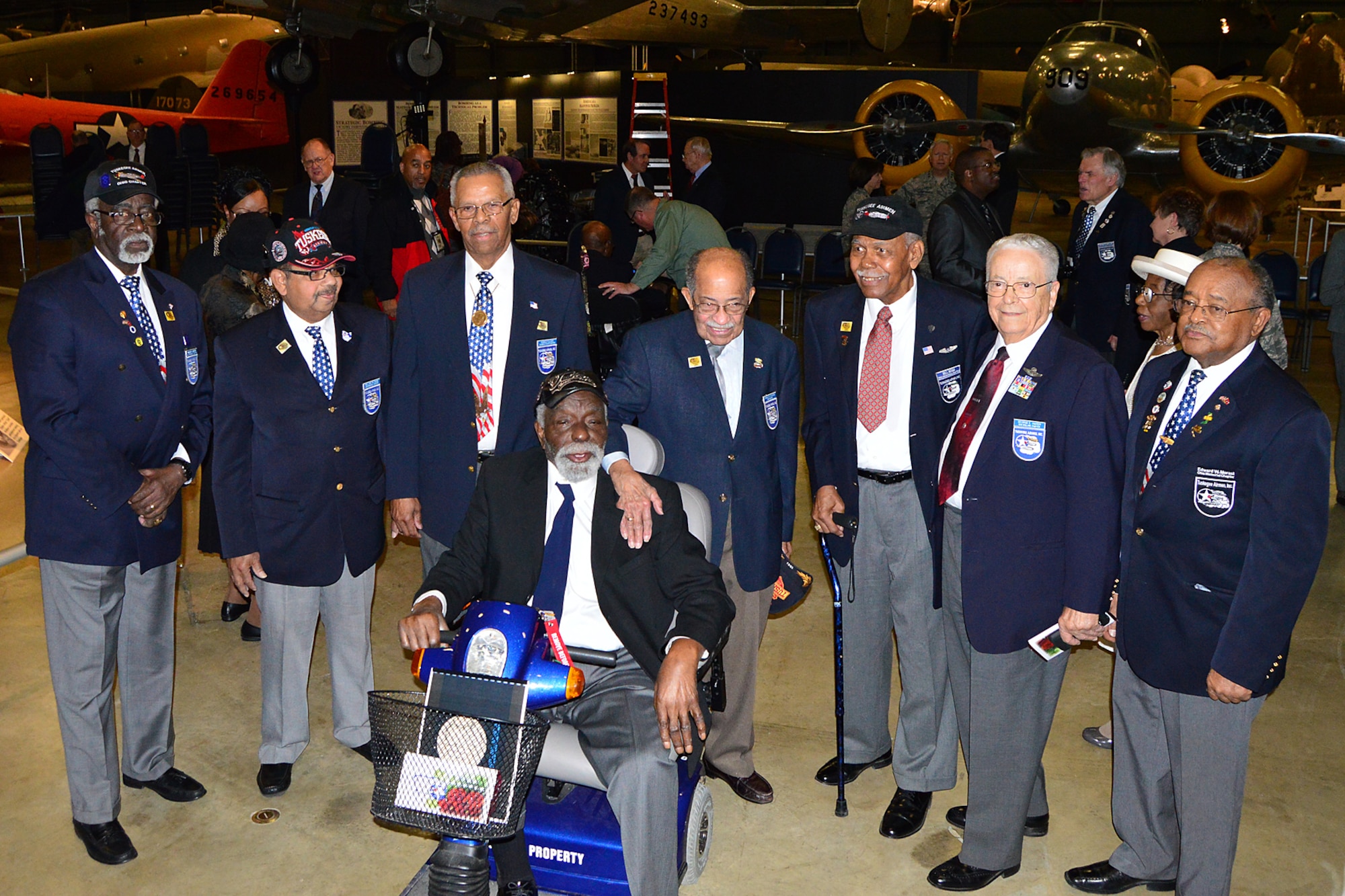 DAYTON, Ohio -- Tuskegee Airmen and Honorary Tuskegee Airmen gathered for photographs at the  expanded Tuskegee Airmen exhibit opening in the WWII Gallery at the National Museum of the U.S. Air Force on Feb. 10, 2015. (U.S. Air Force photo)



