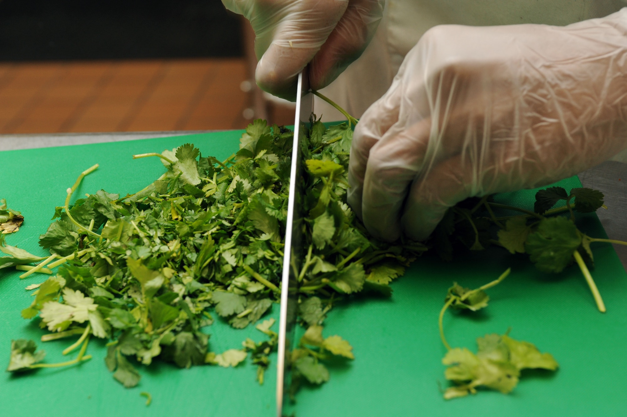Airman 1st Class Christian Plaskett, 28th Force Support Squadron food service apprentice, prepares cilantro for enchilada sauce at the Raider Café at Ellsworth Air Force Base, S.D., Feb. 6, 2015. More than 35 servicemembers and civilians work at the dining facility providing four meals a day for more than 20,000 customers a month. (U.S. Air Force photo by Senior Airman Hailey R. Staker/Released)