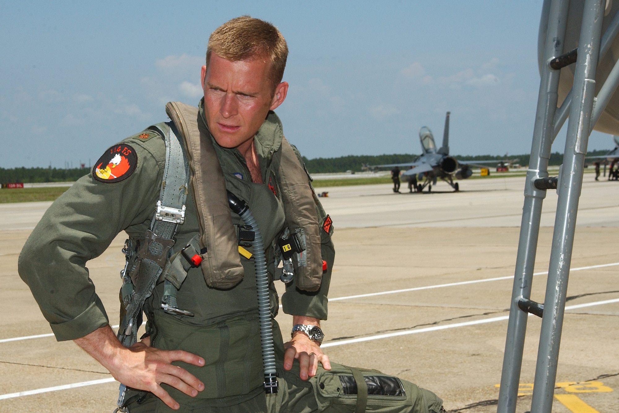 Maj. Richard Wedan, 173rd Fighter Wing, pauses next to his aircraft, June 11, 2003 at Kingsley Field in Klamath Falls, Ore. Wedan spent nearly 15 years as an instructor pilot with the Oregon Air National Guard. (photo courtesy of Richard Wedan)