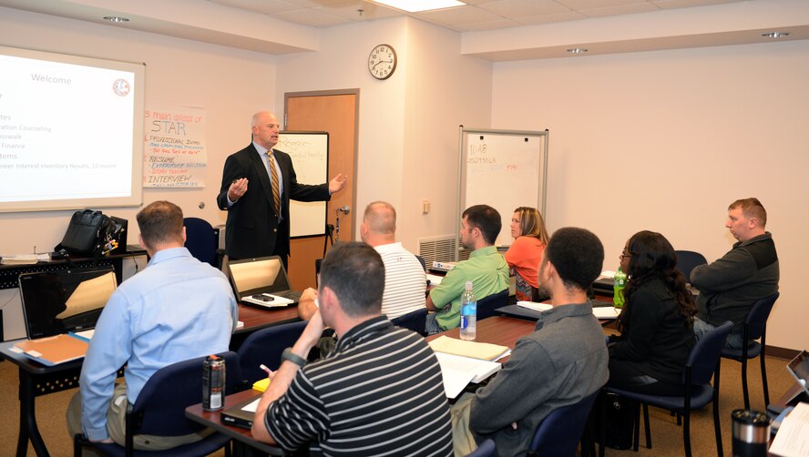 Roger Joyal, GBX Consultants, Inc. transition facilitator, addresses the Transition Assistance Program workshop attendees Feb. 10, 2015, at Moody Air Force Base, Ga. Joyal described the necessary key points to initiate conversation when trying to network. (U.S. Air Force photo by Airman Greg Nash/Released)  