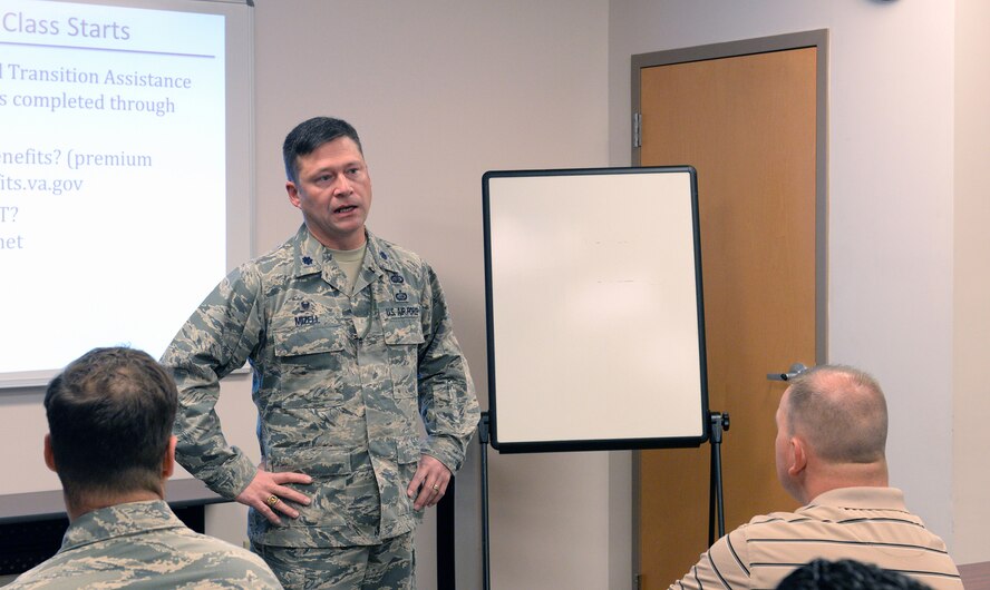 U.S. Air Force Lt. Col. Jonathan Mizell, 23d Force Support Squadron commander, gives a welcome speech during the Transition Assistance Program Goals, Plans, Success (TAP GPS) workshop Feb. 9, 2015, at Moody Air Force Base, Ga. TAP is intended to help separating service members achieve post-military goals. (U.S. Air Force photo by Airman Greg Nash/Released)
