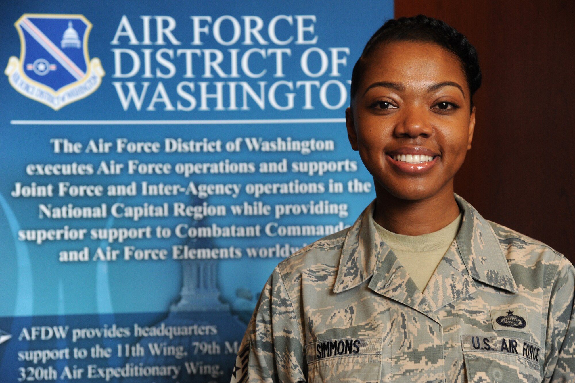 Staff Sgt. Barrita Simmons, Air Force District of Washington NCO in charge of command decorations, is an AFDW Capital Airman. Simmons, who comes from a long line of family members who have served in every branch, enlisted in the Air Force in April 2006. She joined the AFDW staff in September 2013. (U.S. Air Force photo/Master Sgt. Tammie Moore)

