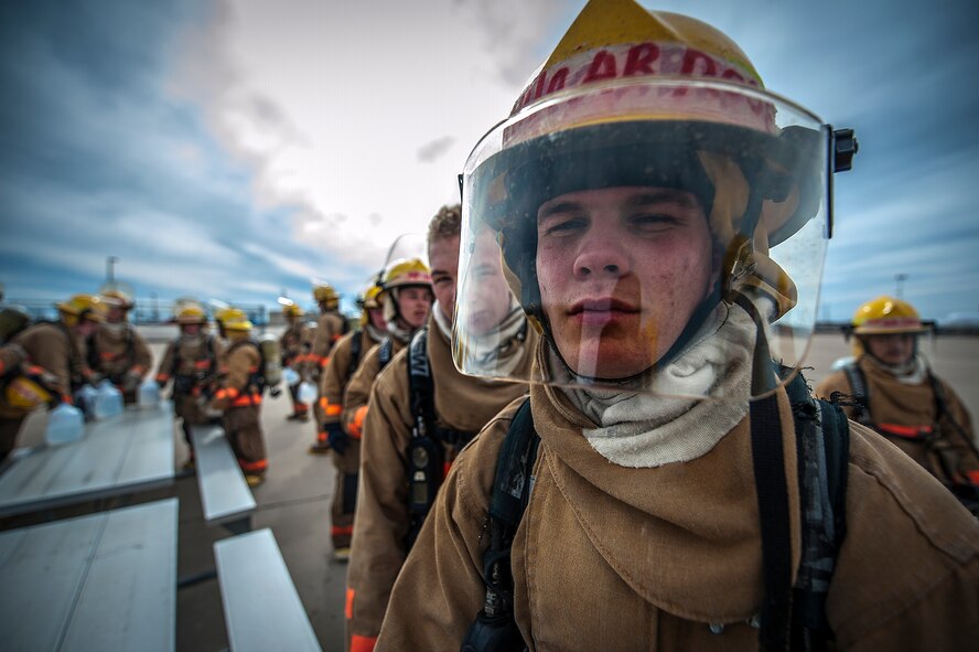 GOODFELLOW AIR FORCE BASE, Texas – Airman Nicholas Rose, 312th Training Squadron student, poses for a photo after a training session at the Louis F. Garland Department of Defense Fire Academy Feb. 3. Rose and his classmates put out fires for the first time in their training. (U.S. Air Force photo/ Airman 1st Class Devin Boyer)