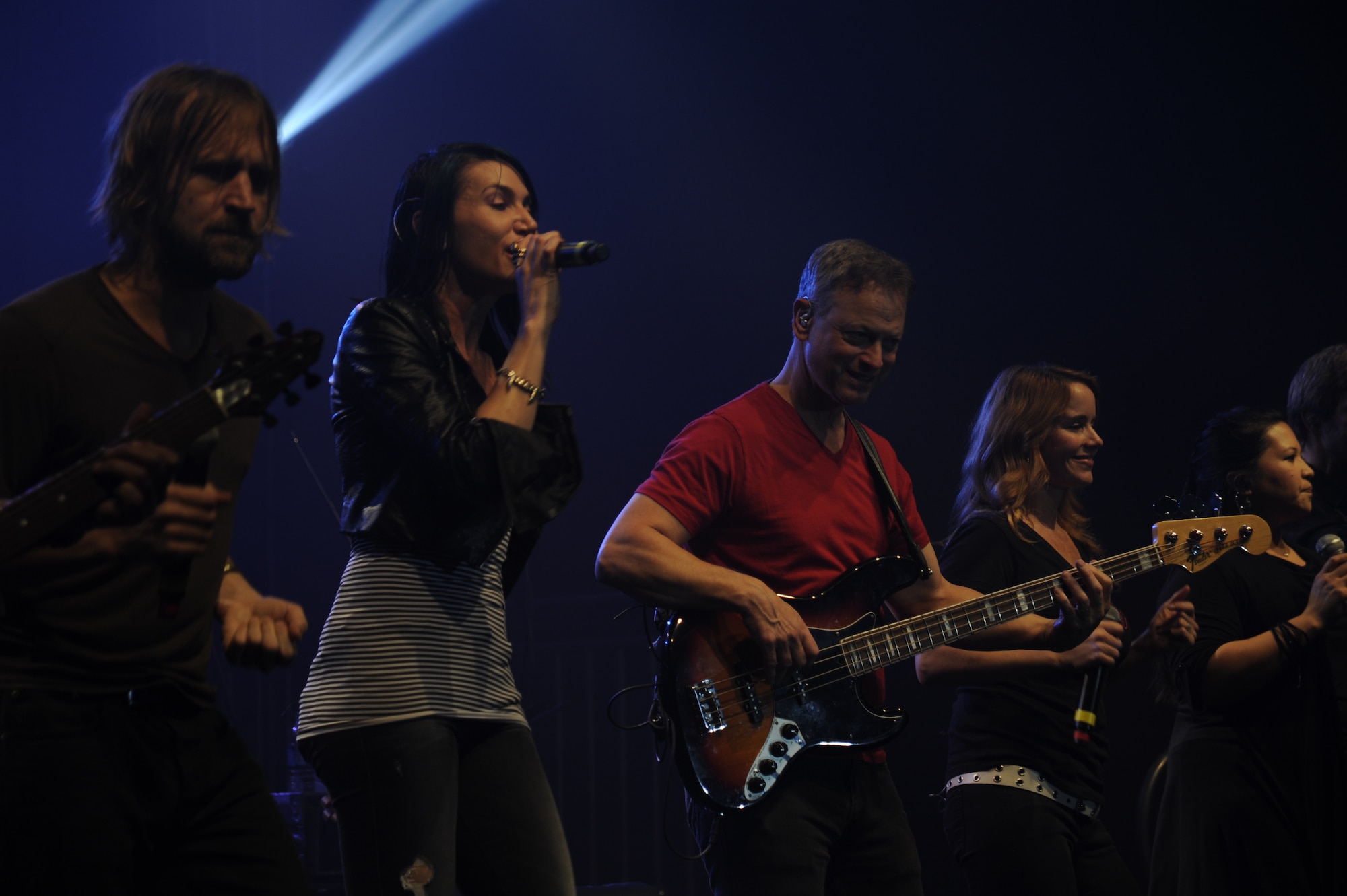 The “Lt. Dan Band” performs for Airmen and their families, Feb. 8, 2015, Vandenberg Air Force Base, Calif. Gary Sinise co-founded the band in 2003 and has since played at military bases all over the world. (U.S. Air Force photo by Airman 1st Class Ian Dudley/Released)