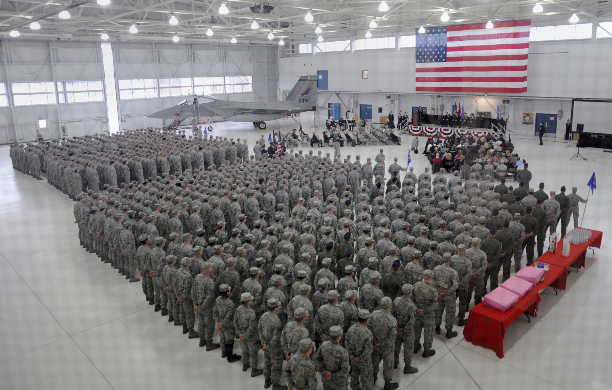 Airmen of the 142nd Fighter Wing assemble for the change of command ceremony held at the Portland Air National Guard Base, Ore., Feb. 7, 2015. Col. Paul T. Fitzgerald took command from Col. Richard W. Wedan who is retiring from the Air Force after 27 years of military service. (U.S. Air National Guard photographs by Tech. Sgt. Aaron Perkins, 142nd Fighter Wing Public Affairs)