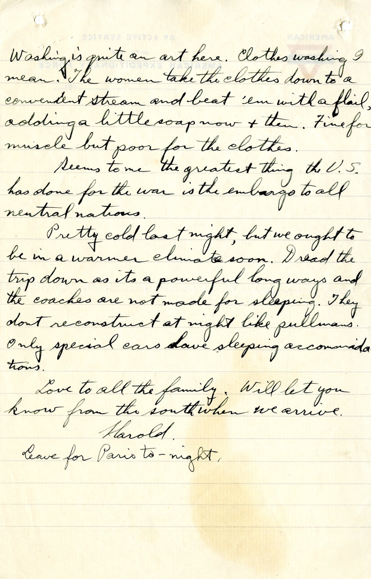 In September 1917, Lt. Harold R. Harris, who had recently completed Ground School at the University of California Berkeley, was en-route to Italy, to assist in establishing the 8th Aviation Instruction Center for the Allied Expeditionary Force in Foggia. This is page 3 of the letter Harris wrote to his family before leaving France. He asked them to send him several things, including new officer's insignia and magazines. (U.S. Air Force photo)